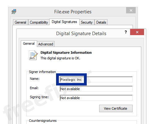 Screenshot of the Pixologic Inc certificate